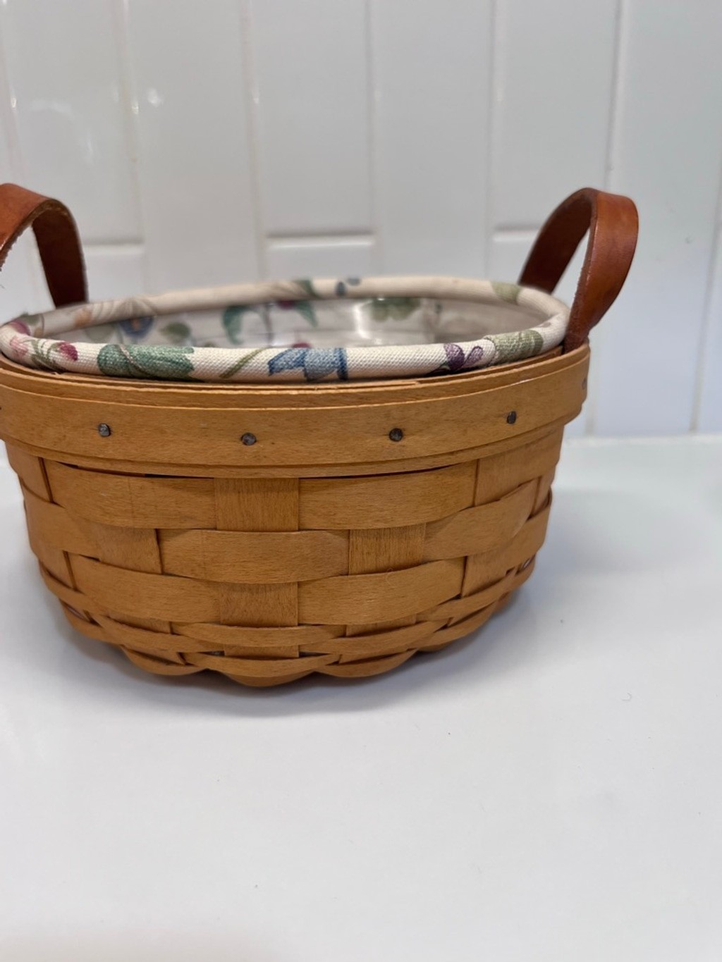 Longaberger Small Button Basket w Botanical Fields Liner and Plastic Protector