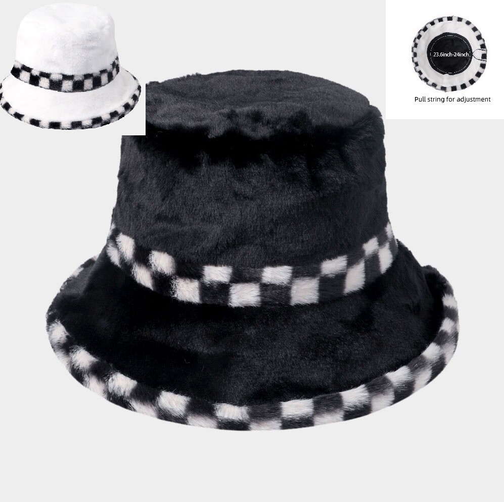 Checkered Plaid Warm Faux Fur Winter Bucket Hat Fuzzy Soft Lining Wide Brim NEW