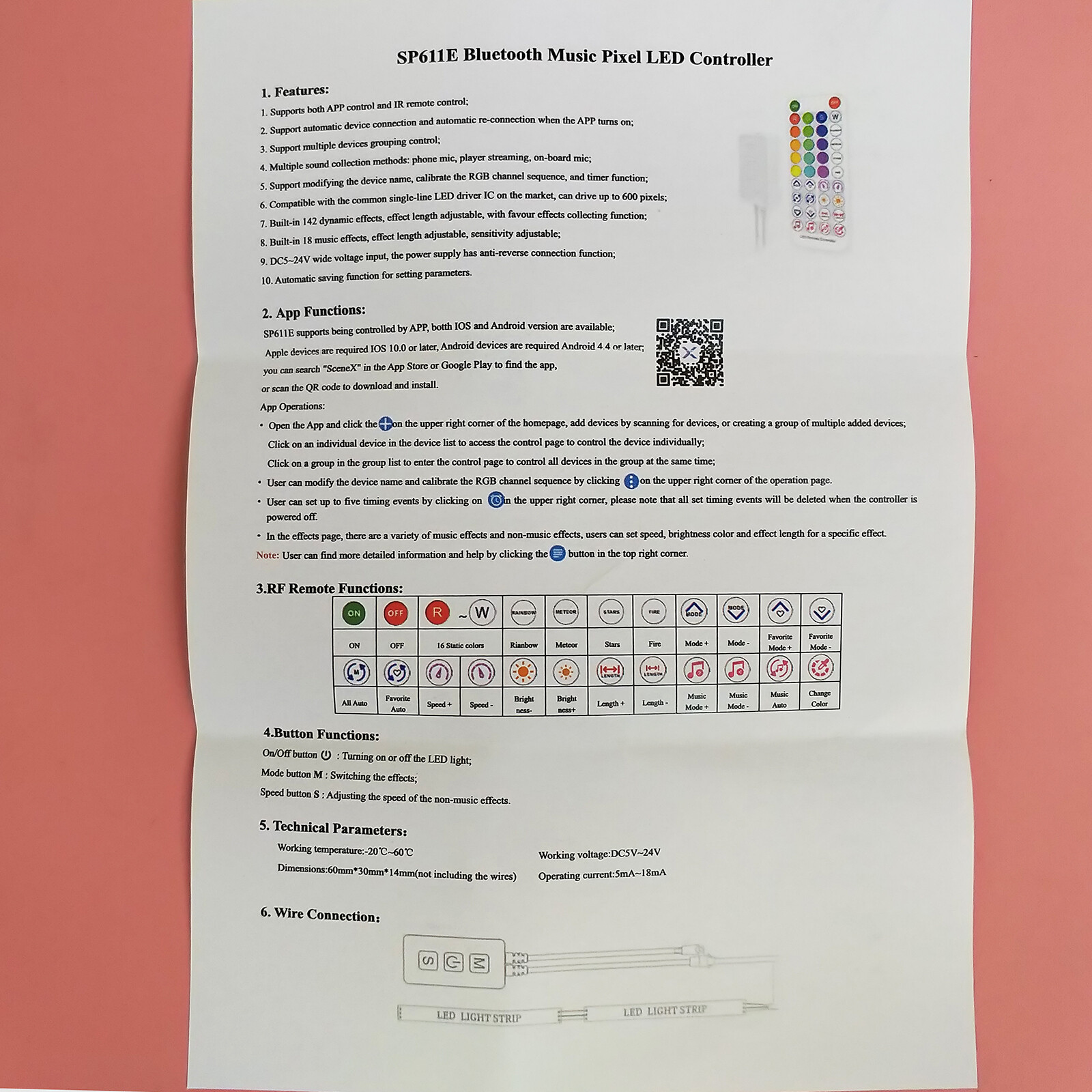 SP611E Bluetooth Music APP Controller IR Remote for Addressable LED Pixel Light