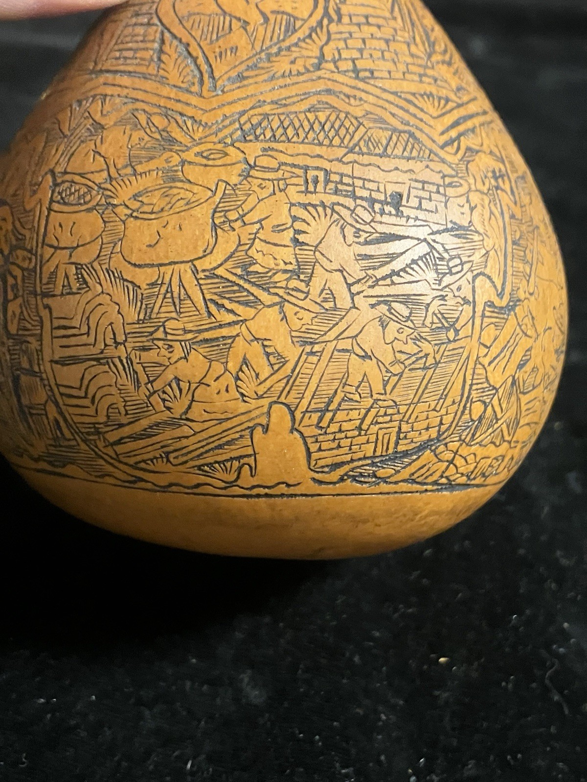 Peruvian Intricate Hand Fine Carved Etched Gourd Rattle Peruvian Culture Scenes