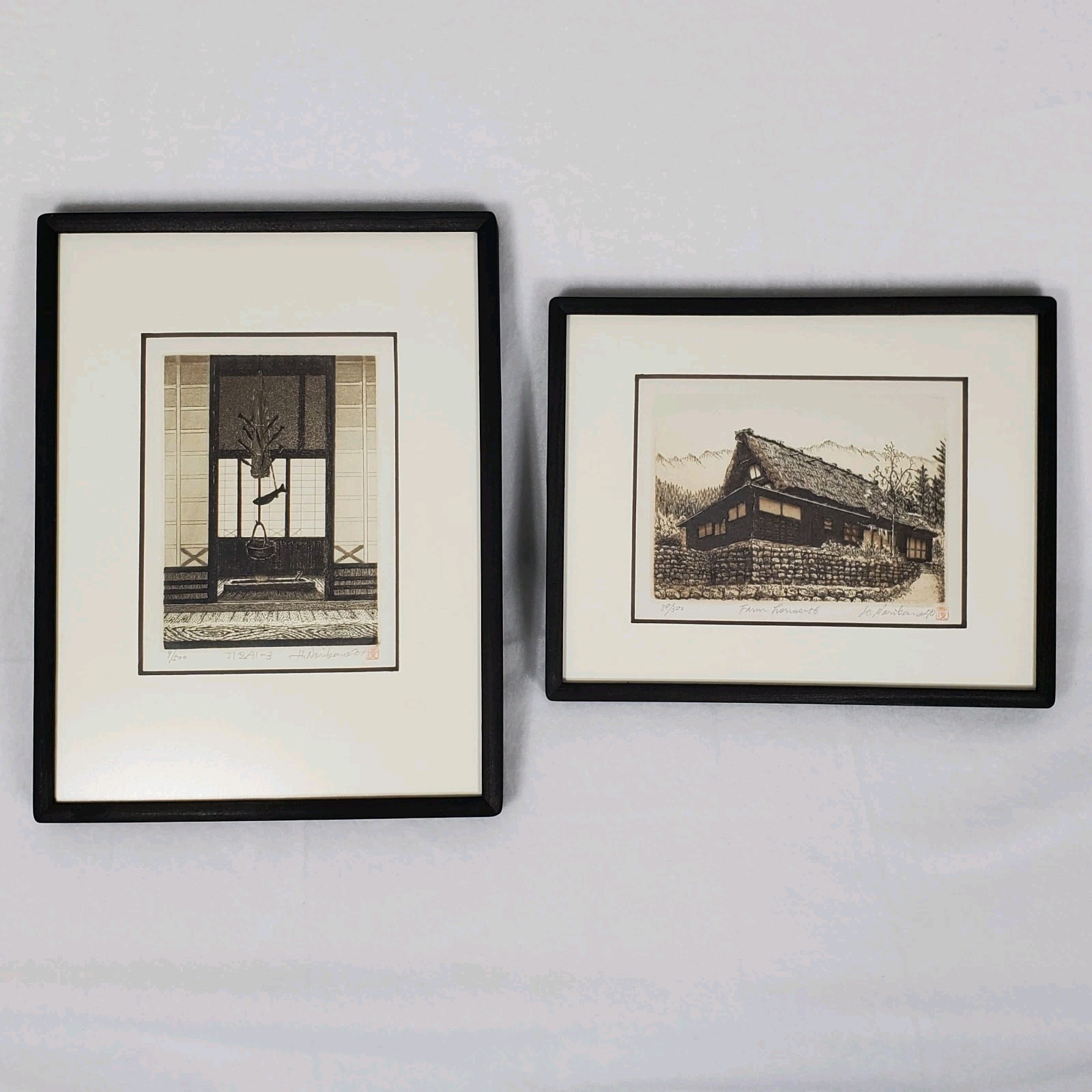 2 - Hiroto Norikane Etching Japan Limited Edition Signed Farm House Framed Pair