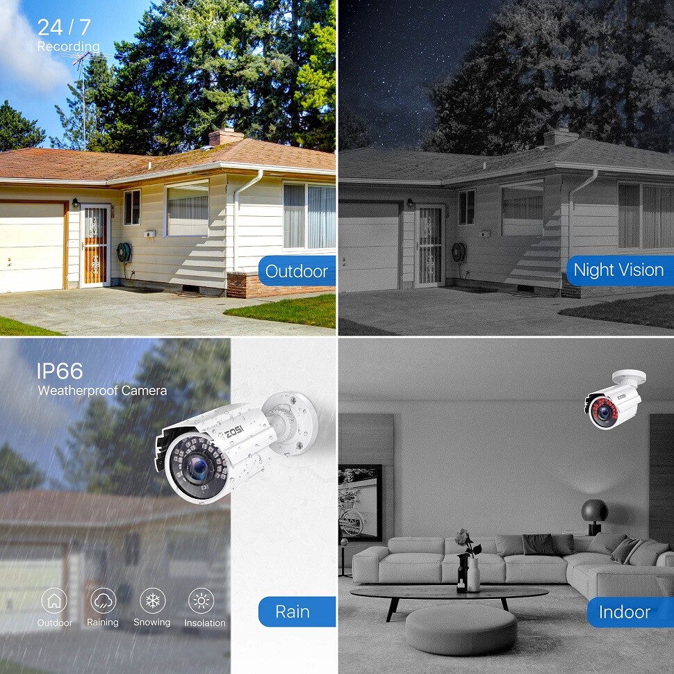 ZOSI 4PCS Surveillance 1080P Home TVI Security Cameras CCTV Outdoor Night Vision