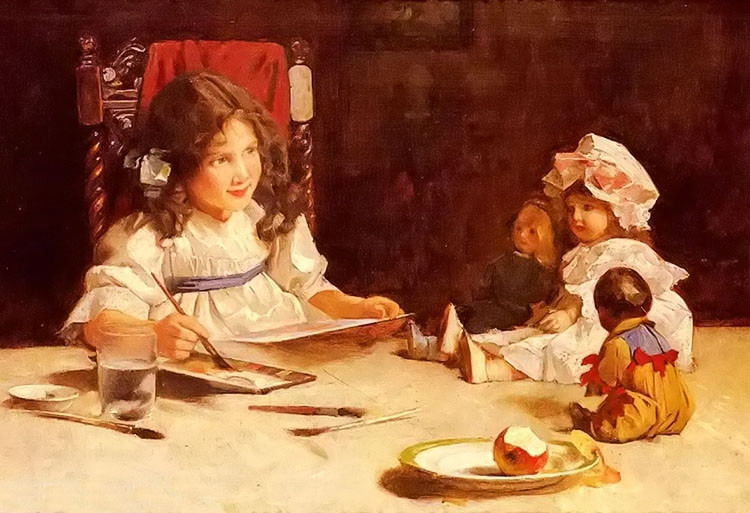 Dream-art hand painted Oil painting dolls portrait little girl with her playmate