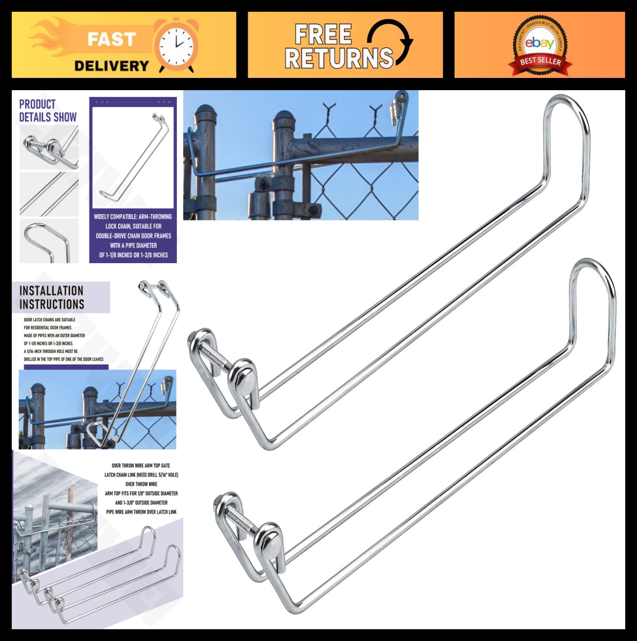 2 Pack 13.5" Over Throw Wire Arm Top Gate Latch for Chain Link Fence, Fits 1-1/8