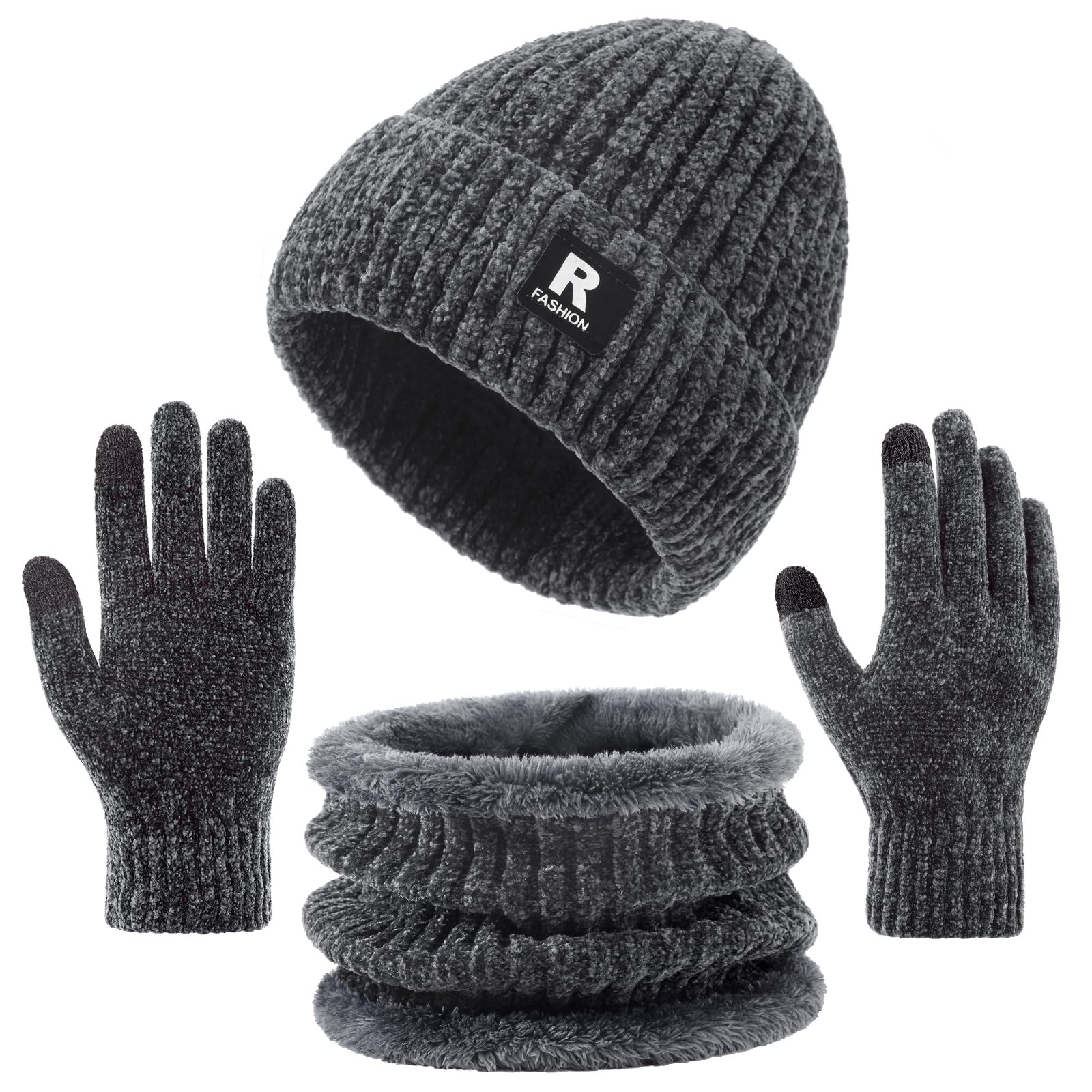 Winter Beanie Hat Circle Scarf Gloves Set for Men One Size, Chenille - Grey