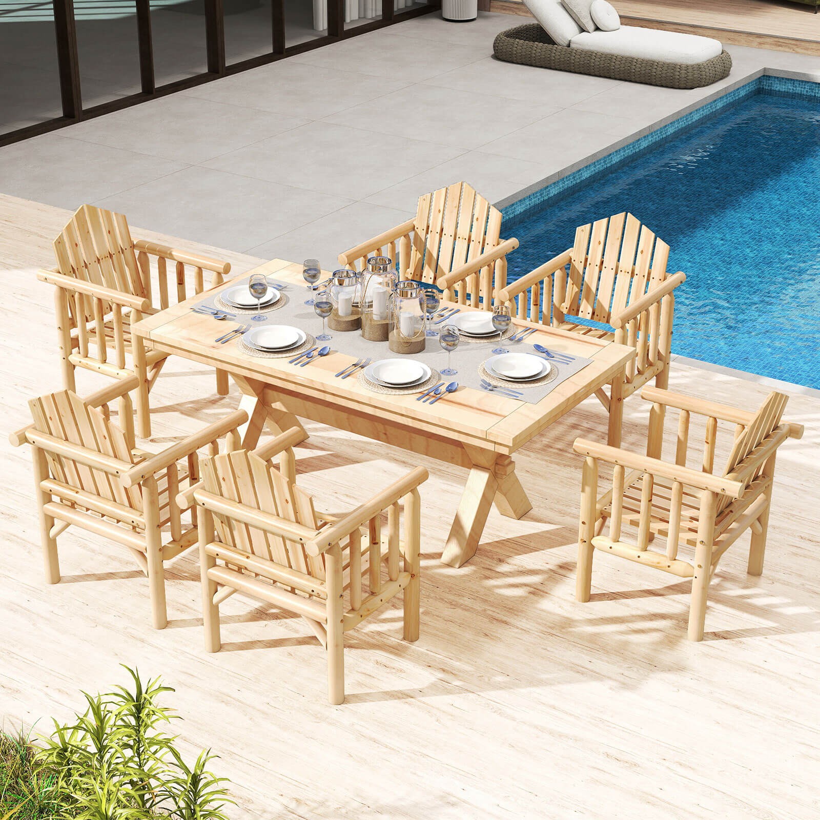 Outdoor Wood Armchair w/Armrests and Reclined High Backrest for Porch, Backyard