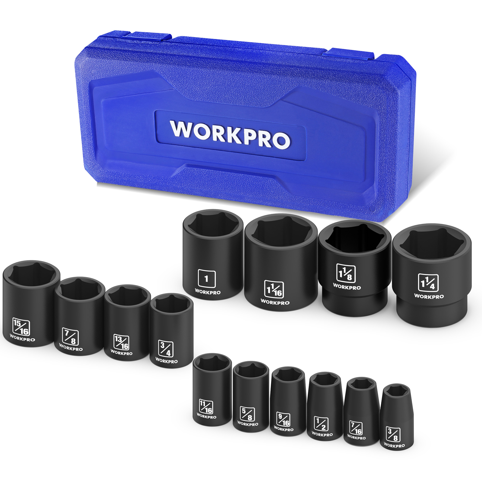 WORKPRO 1/2” Drive Shallow Impact Socket Set, SAE Cr-V Steel 6-Point Socket Set