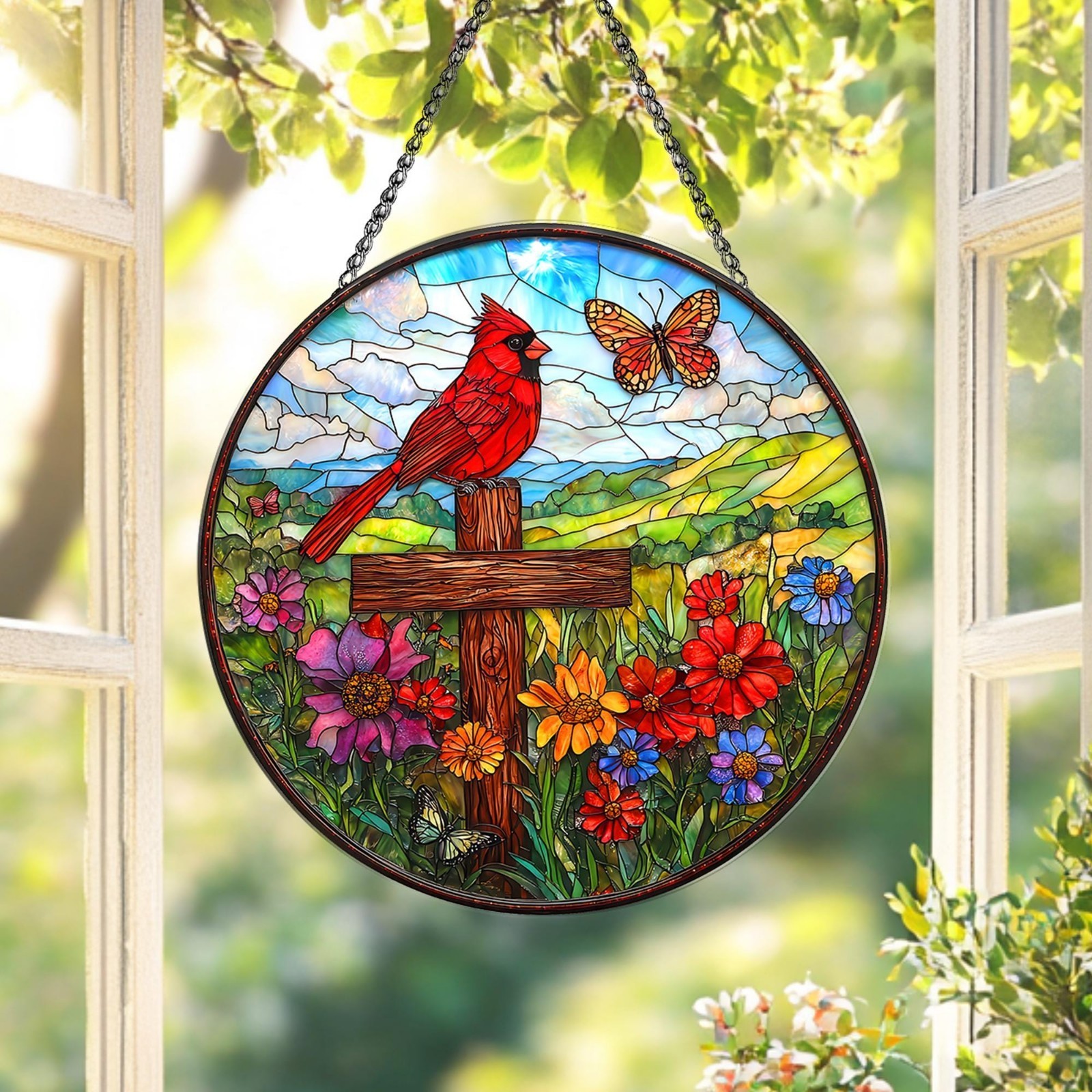 Stained Glass Cardinal & Cross Suncatcher, Round Memorial Christian Window Decor