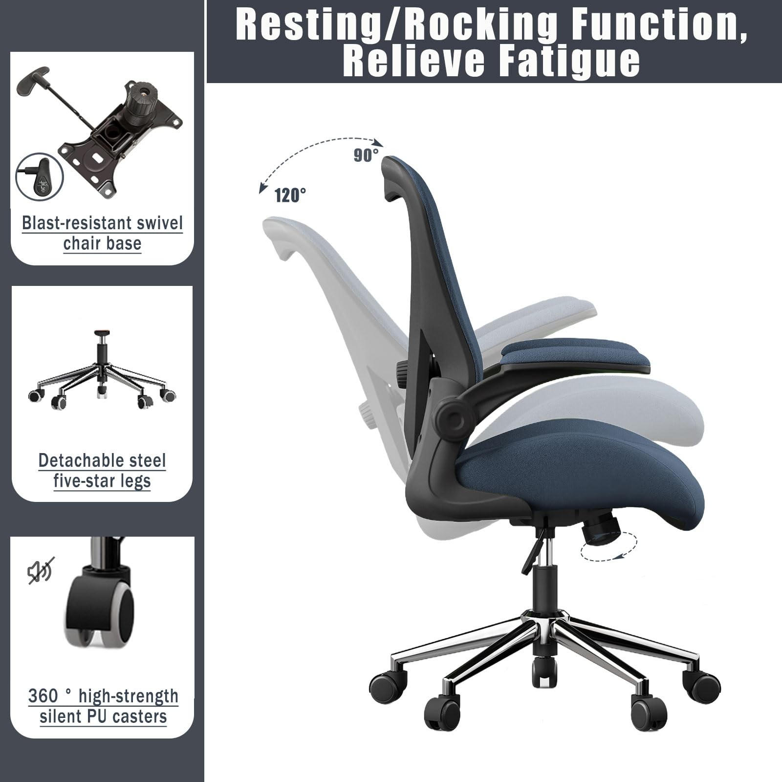 Blue Ergonomic Office Desk Chair, Soft Fabric Thickened Curved seat Cushion w...