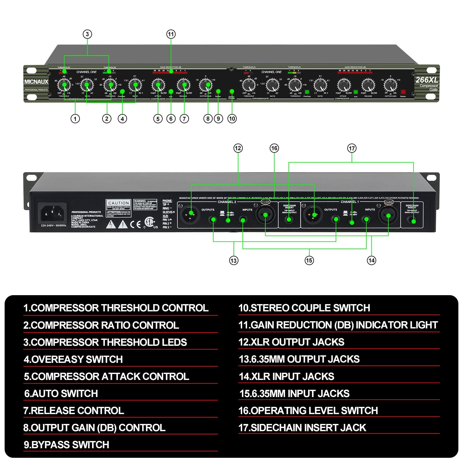 MICNAUX Audio Compressor, Professional Dual-Channel Black Dynamic