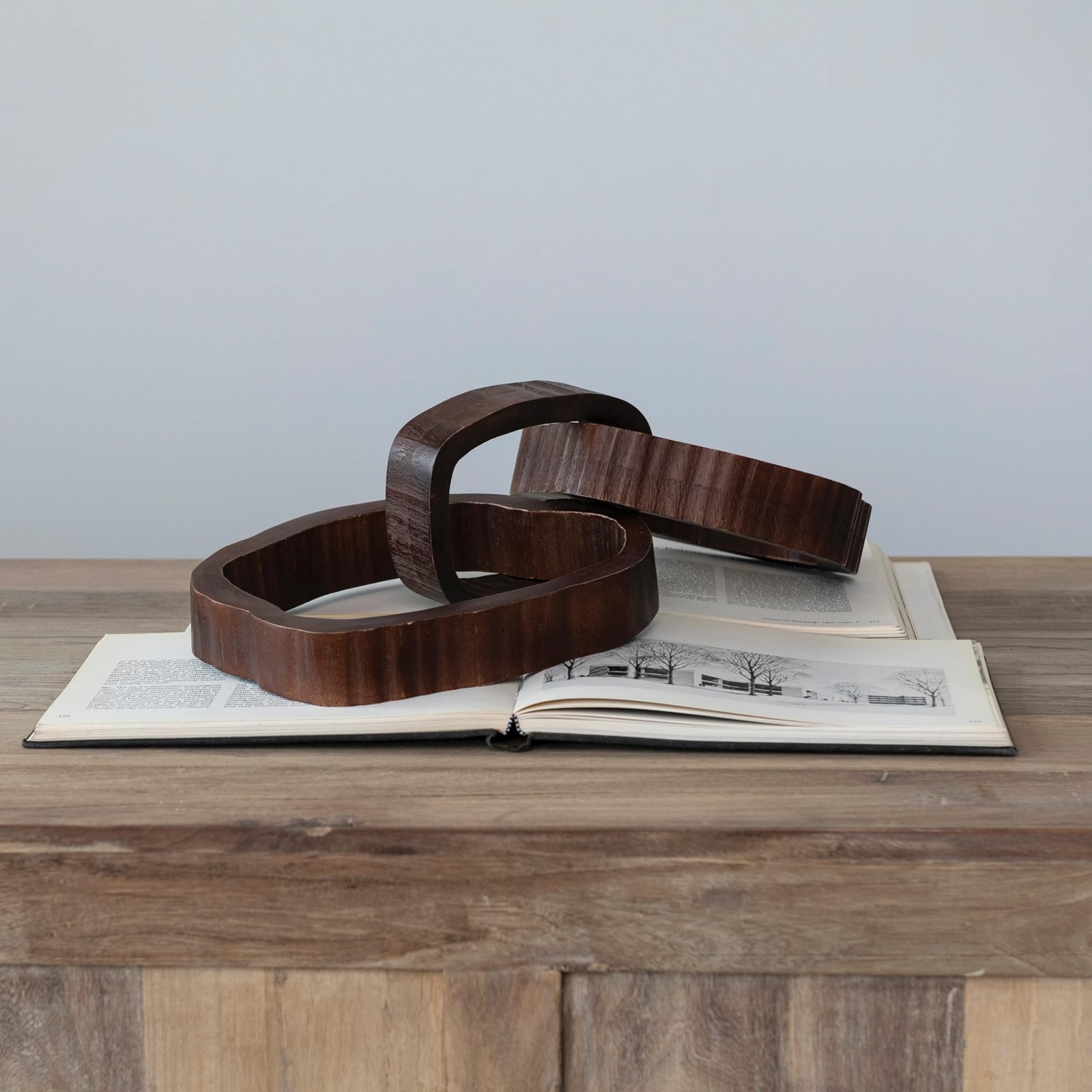22 Inches Oversized Acacia Wood Chain Decor with 3 Links, Walnut Finish