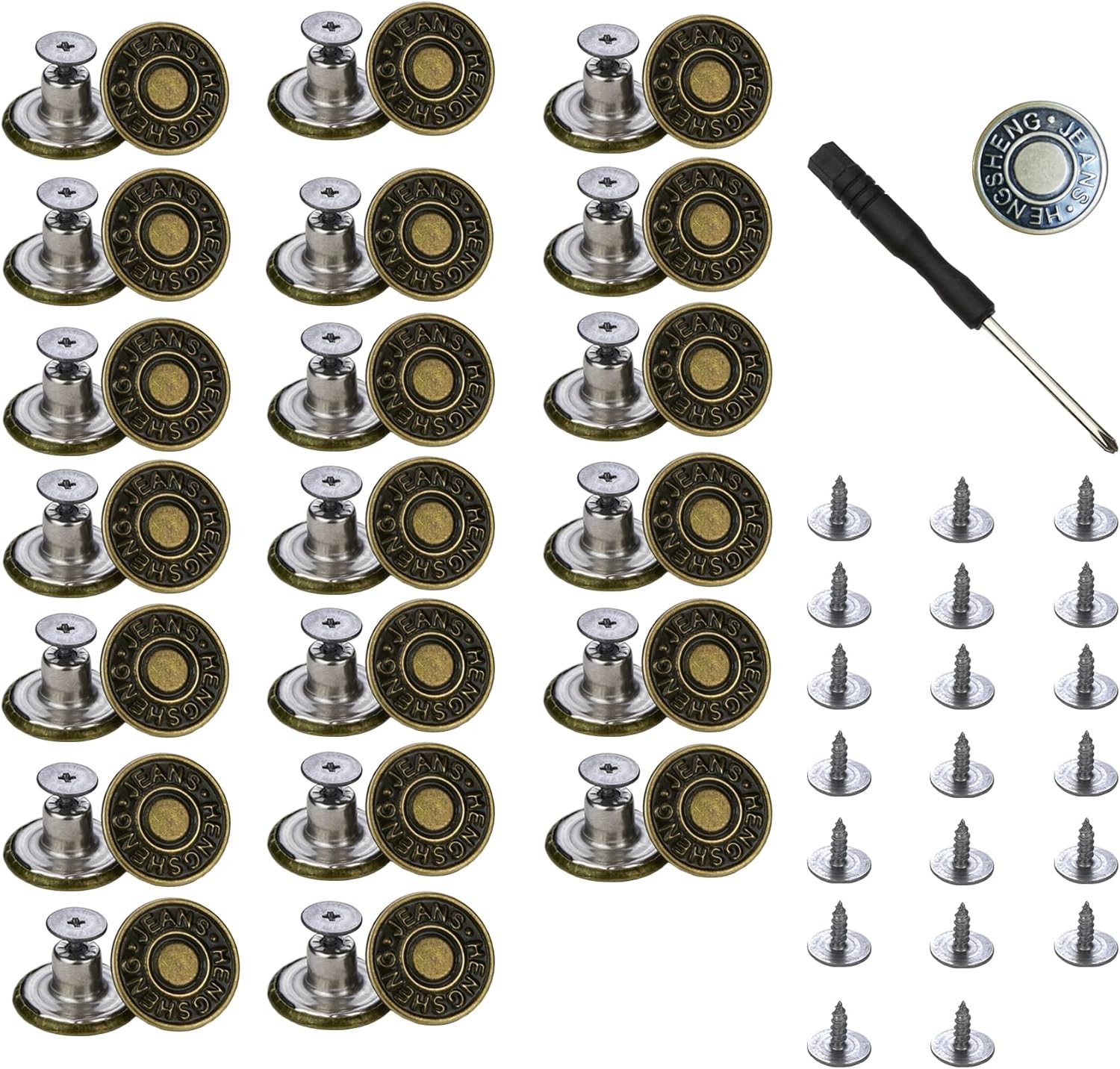 20 Stück Knöpfe zum Nähen von Metalljeans, 17 mm ohne 17 Bronze Buchstaben