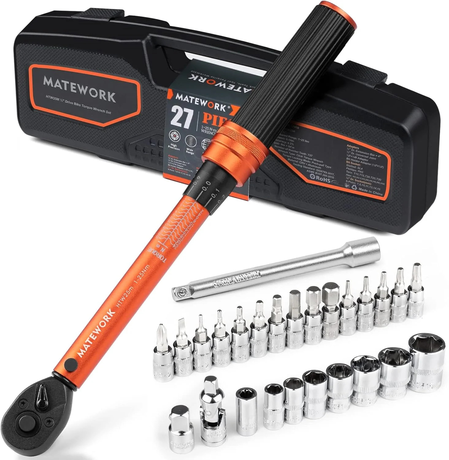 1/4 Inch Drive Click Torque Wrench, 27 PCS Bike Torque Wrench Set Double Scale (