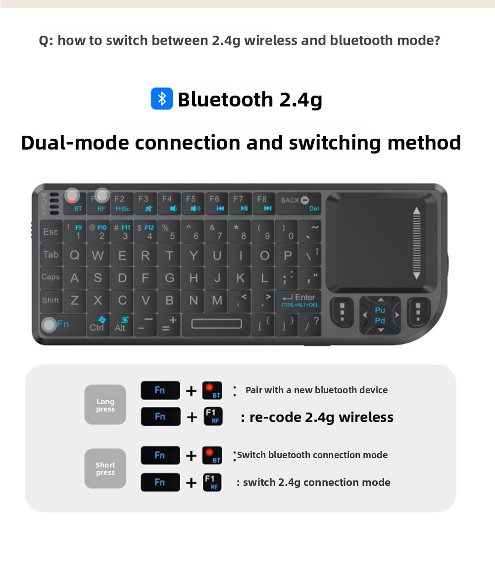 NEW-K808V2 Mini Wireless Keyboard Touchpad 2.4G/Bluetooth Laser Pointer