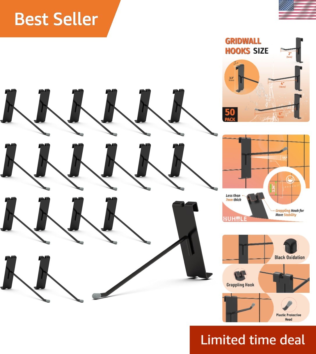 Gridwall Hooks 6 Inch, 50PC Display Hooks for Grid Wall, Hook for Grid Wall P...