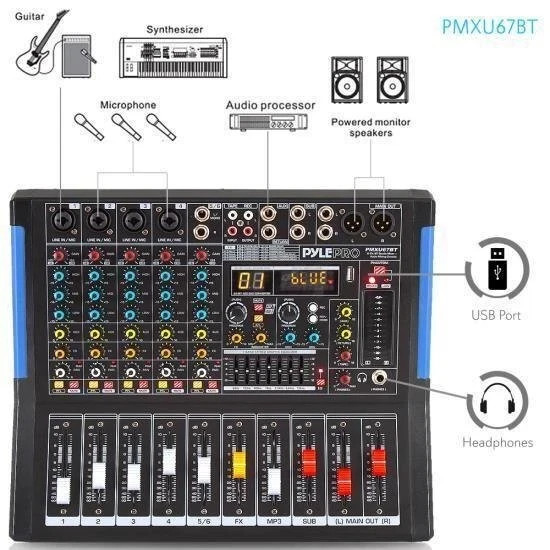Pyle 6Ch Bluetooth Studio DJ Controller Audio Mixer Console System/ PMXU67BT