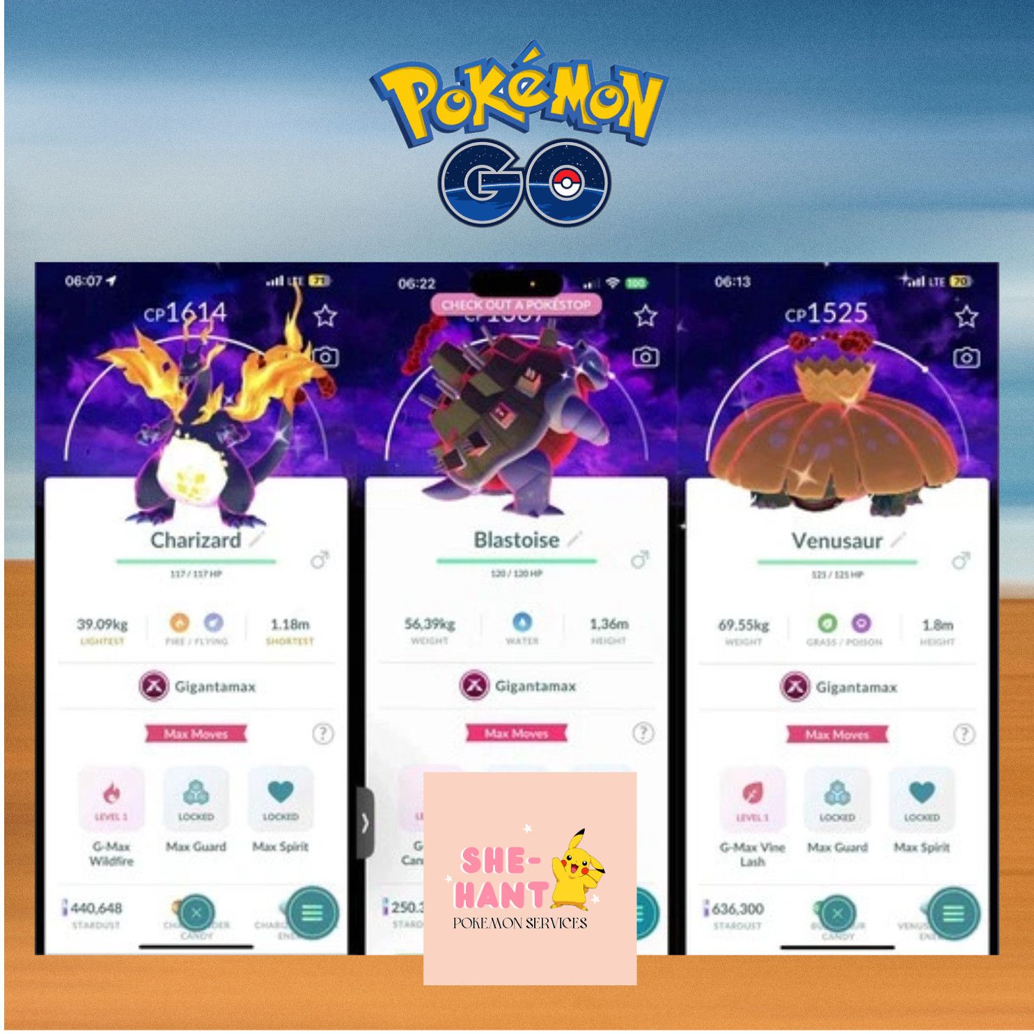 Shiny gigantamax Charizard Blastoise Venusaur Background Dark Skies - Mini PTC