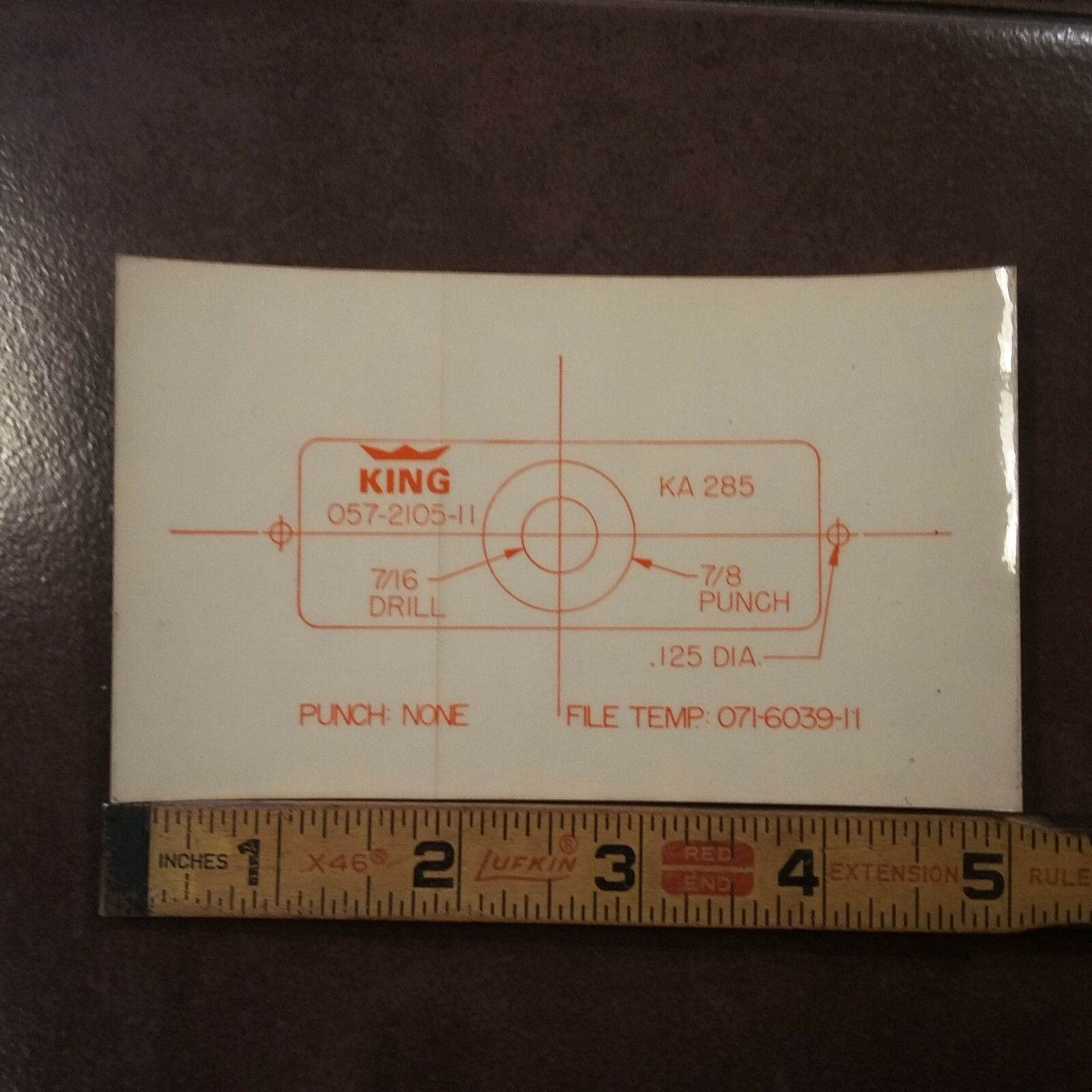 King KA-285 Panel Hole Cut-out Template. 057-2105-11