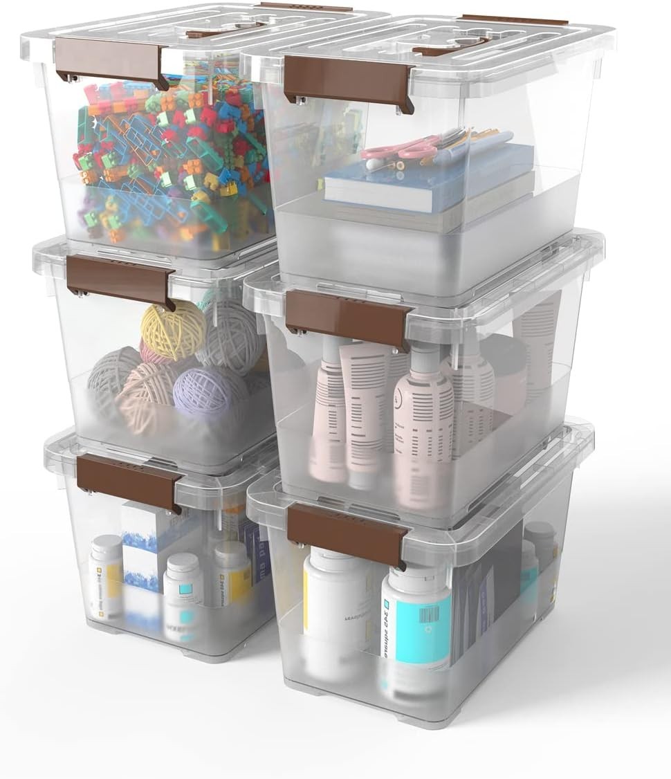 6-Pack Clear 7 Quart Storage Latch Box/Bins, Plastic Stackable Latching Box w...