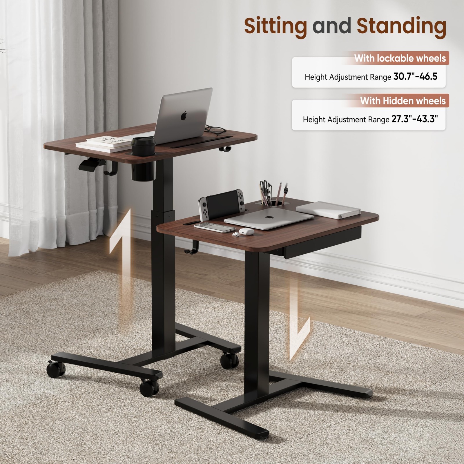 28" Mobile Standing Desk with Drawer,Height Adjustable,Walnut