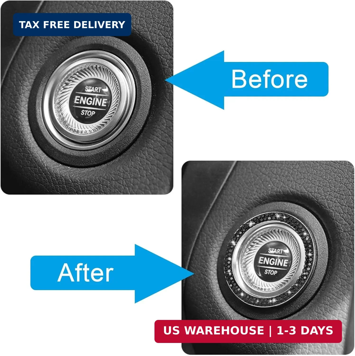 2pcs Bling Car Engine Start Button Cover Diamond Crystal Push Start Stop B