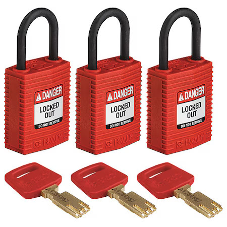 Brady Cpt-Red-25Pl-Ka3pk Lockout Padlock, Keyed Alike, Nylon, Red, 1 In Shackle