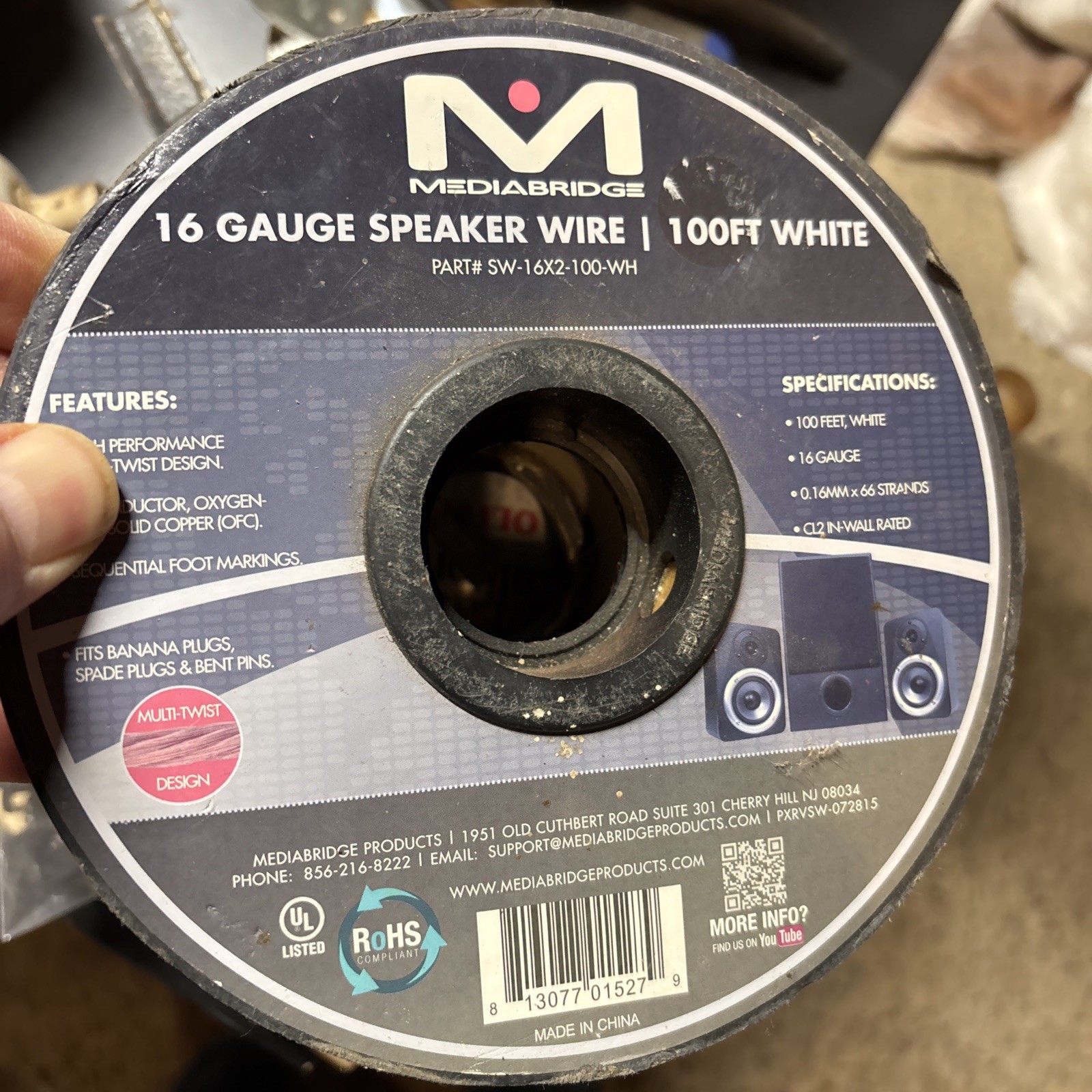 Mediabridge 16 Gauge Speaker Wire 100 Ft White Part# SW-16X2-100-wh