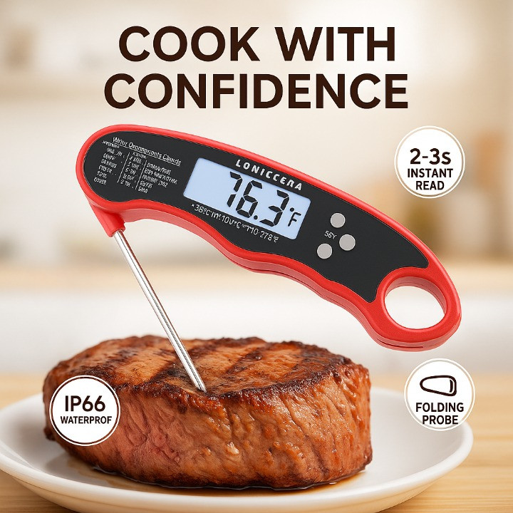Instant Read Meat Thermometer Waterproof Digital Probe Grill Kitchen BBQ Red