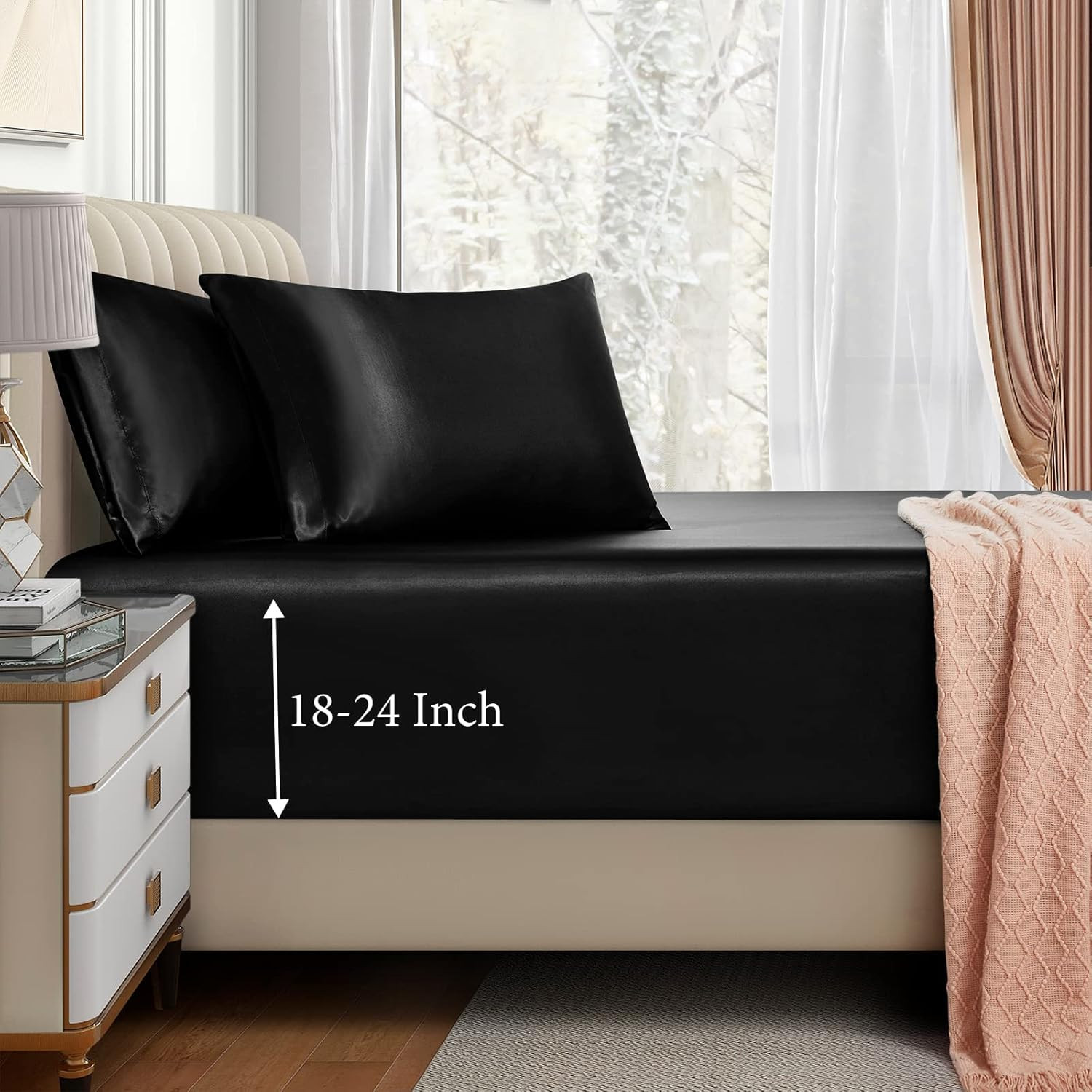 3Pcs Extra Deep Pocket Satin Fitted Sheet Set Queen Bed Set, Black Bottom Sheet