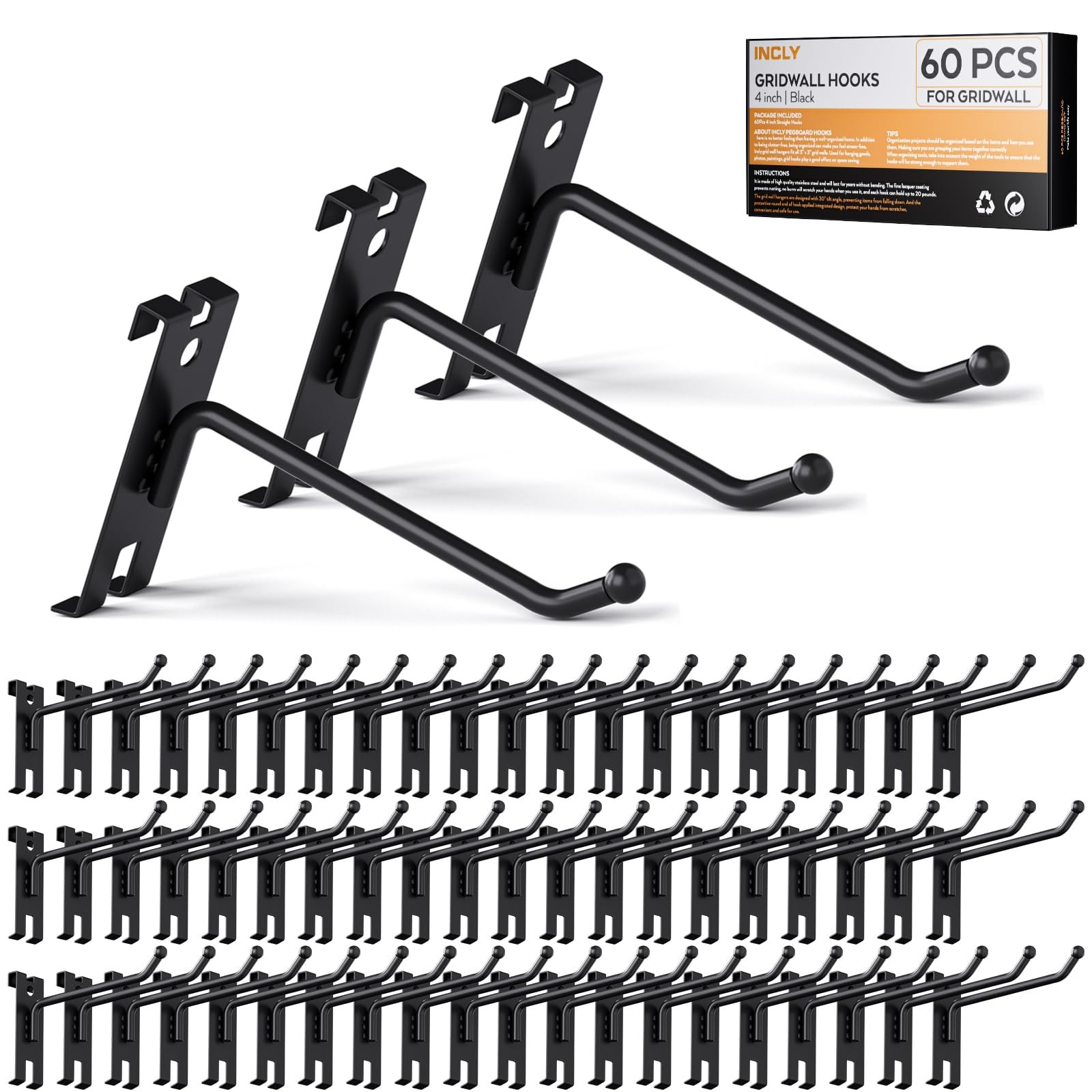 60 Pack 4 Inch Gridwall Hooks, Heavy Duty Black Display Hook, Grid Wall Panel