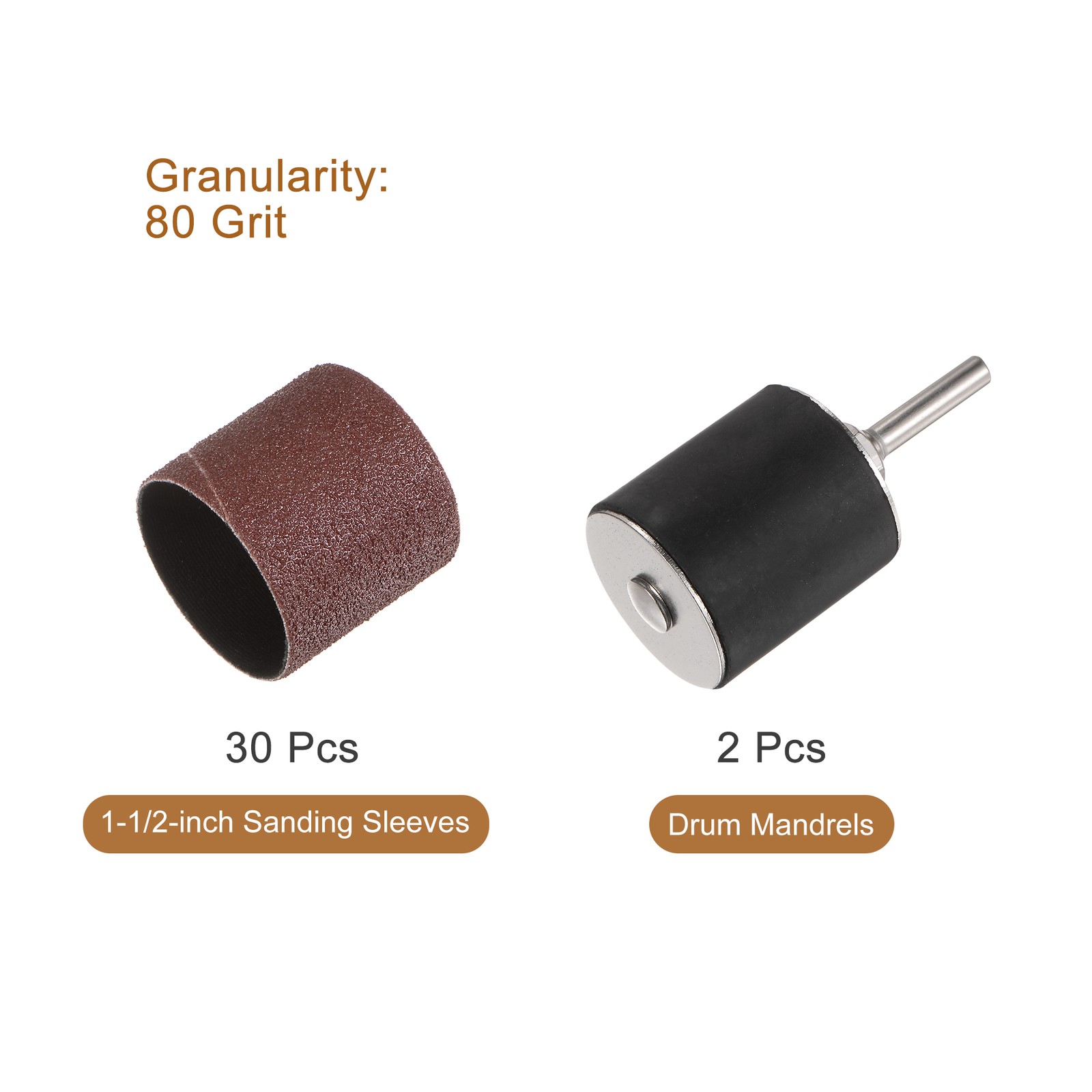 30 Pcs 1-1/2 Inch Sanding Sleeves Set 80 Grit with 2 Pcs 6mm Mandrels