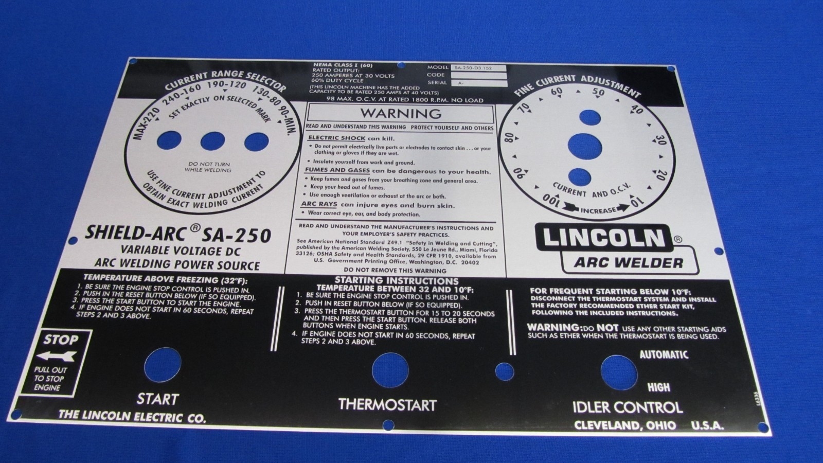 Lincoln Welder Pipeliner SA-250 Nameplate Faceplate L6336 OEM Quality USA