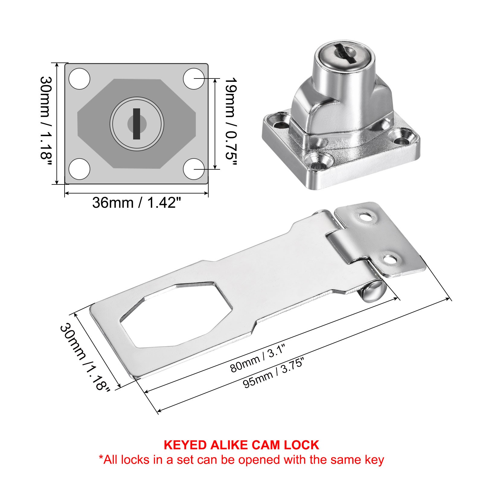 2Pcs 3Inch Keyed Hasp Locks Twist Knob Locking Keyed Alike, Silver