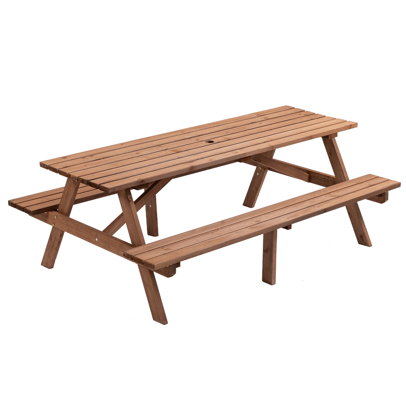 8 Person Picnic Table with 2 Benches, 75"L Brown Fir Wood, 2220lb Capacity