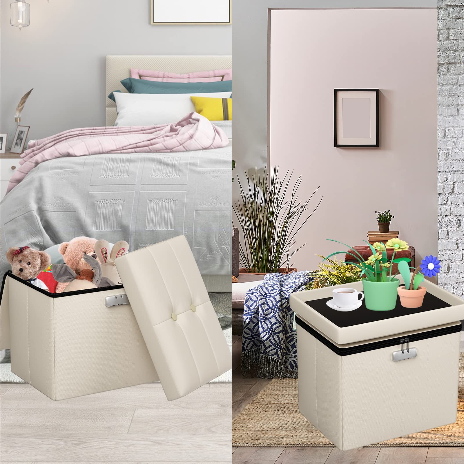 Small Ottoman with Storage, 17 x 13 x 13 inch Fireproof Safe Folding Ottoman ...