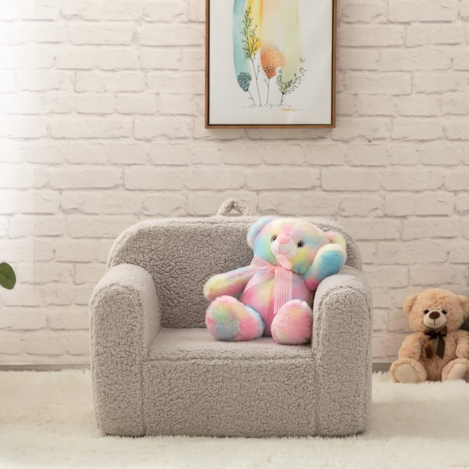Kids Super Soft Snuggle Foam Padded Chair, Sherpa Reading Sofa, Light Gray