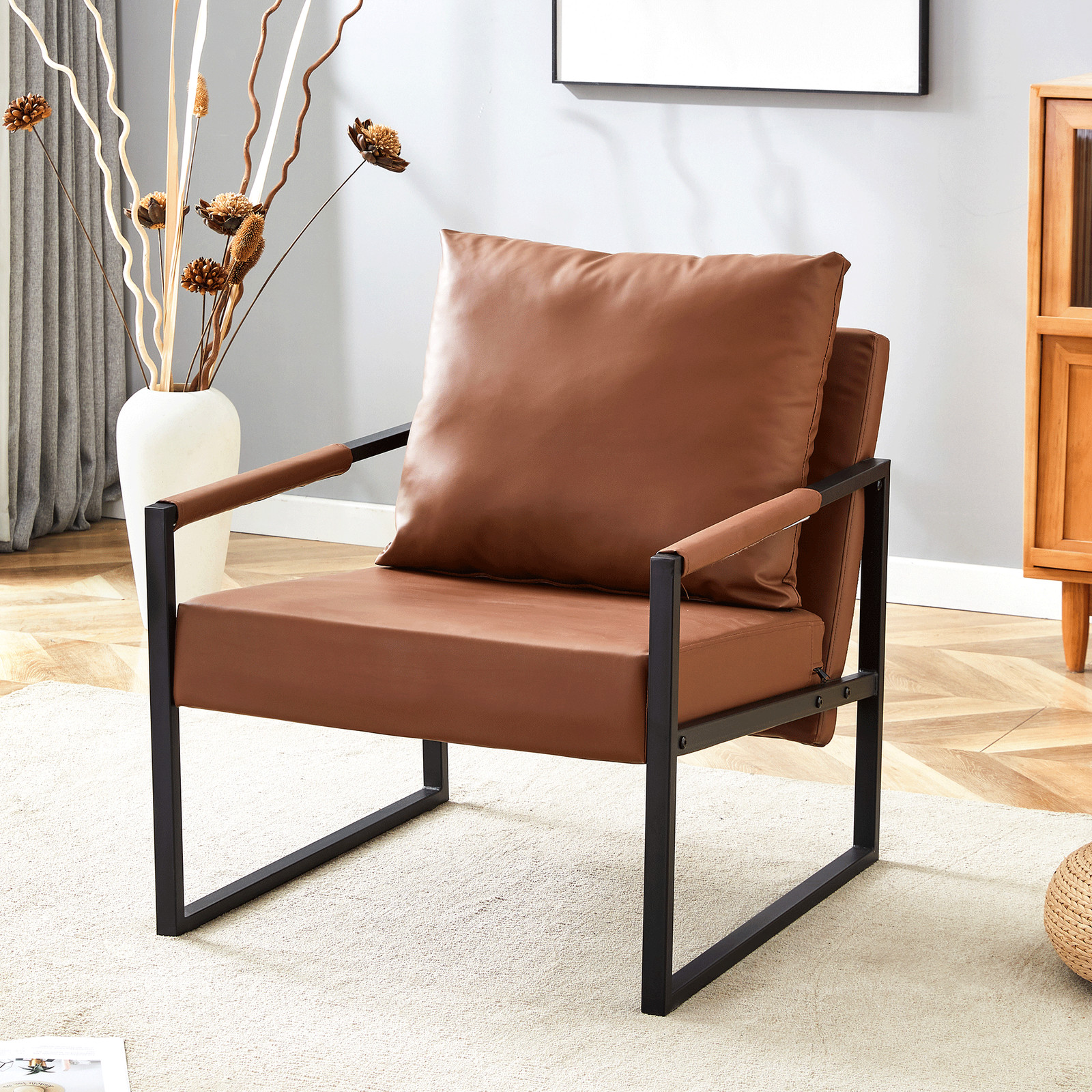 Set of 1 Classic Brown PU Leather and Metal Frame Sofa -Ergonomically designed,