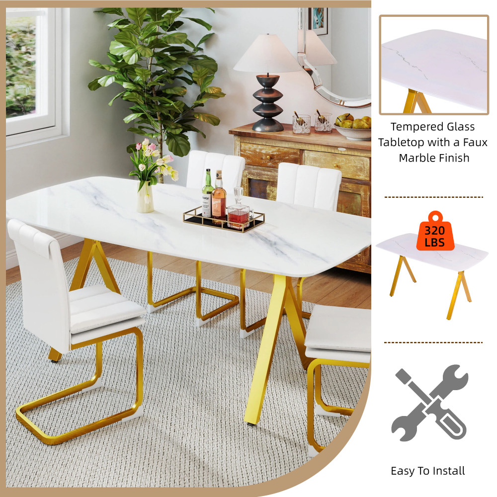 Rectangular dining table featuring a tempered glass tabletop a marble-patterne