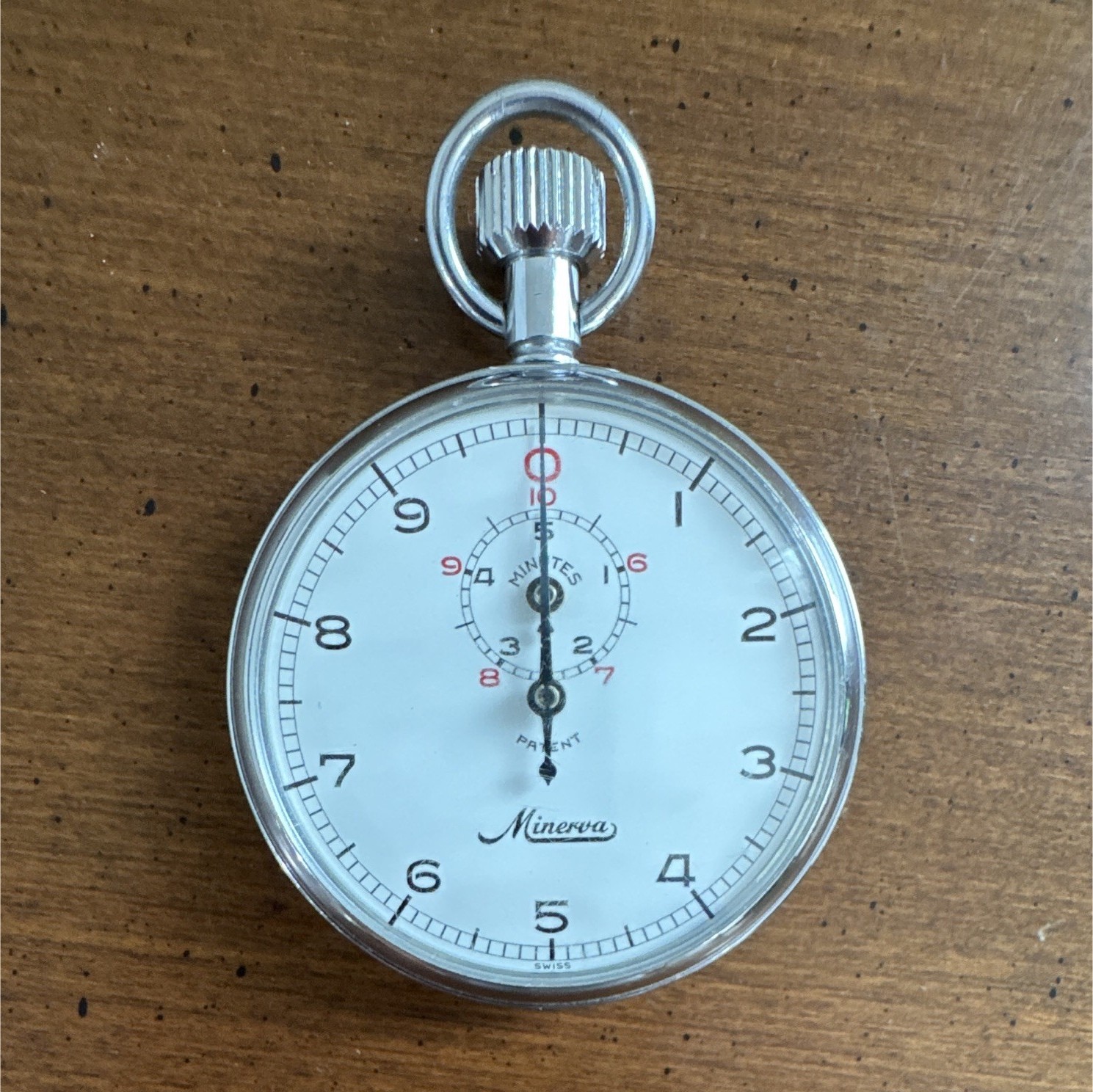 Minerva Swiss Mechanical Stopwatch, Silver Metal White Dial, Engraved Back