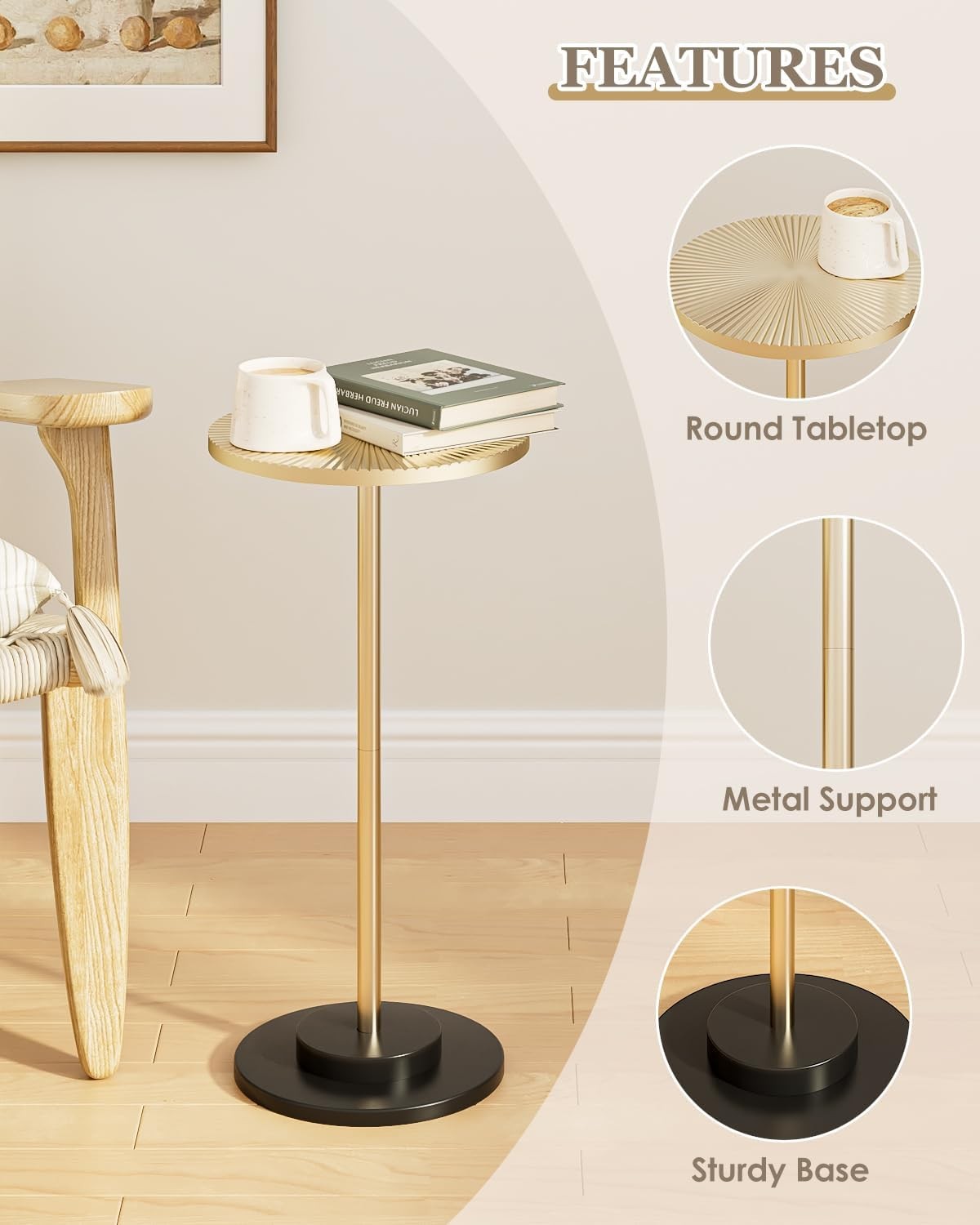 Round Side Table Small Drink Table Small Spaces Modern Accent End Table W/ Metal