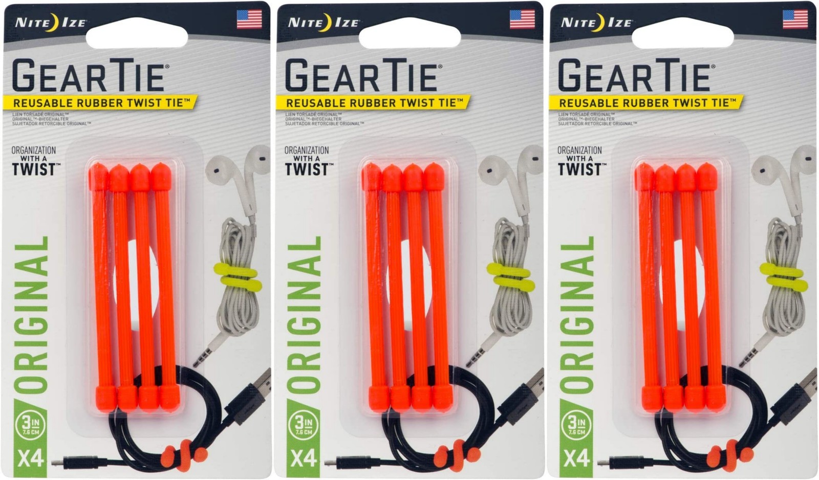 Nite Ize 4-Pack Gear Tie Reusable Rubber Twist Tie, 3" - Bright Orange (3-Pack)
