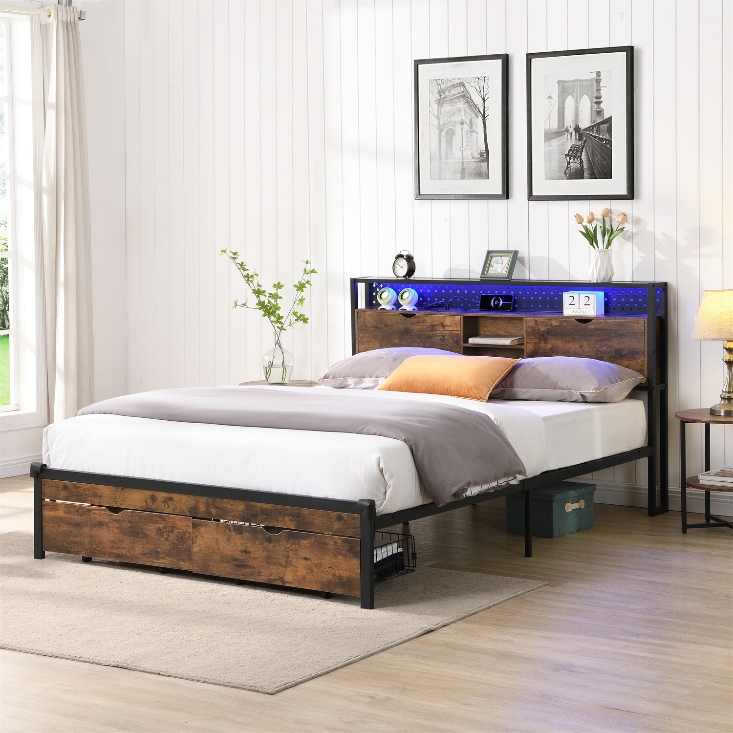 Full/Queen/King Size LED Bed Frame Metal Platform Bed w/ Charging Station