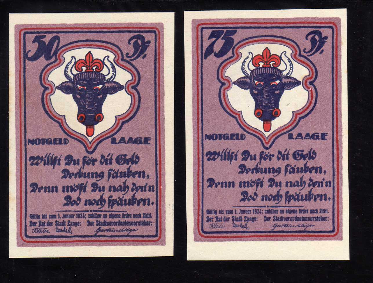 LAAGE - GERMANY NOTGELD -   50, 75 PFENNIG