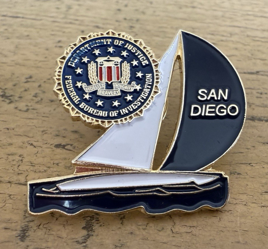 FBI San Diego Sailboat Lapel Pin Blue White Boat