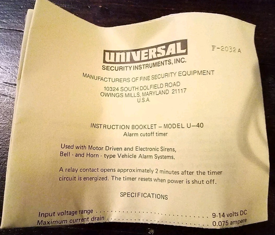 NOS - Universal Security Instruments, Inc. Alarm Cutoff Timer Model U-40