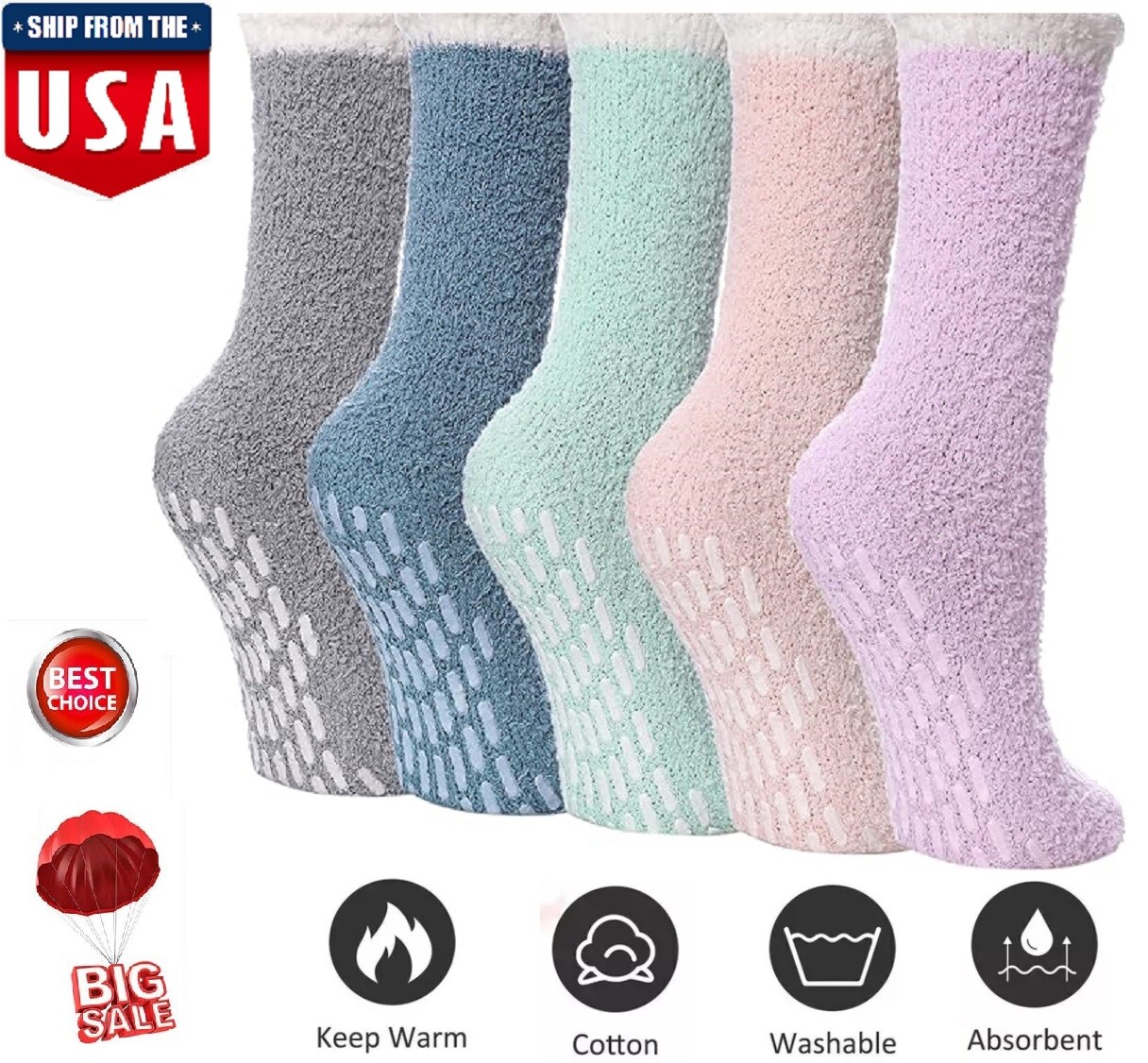 4 Pairs Non Slip Fuzzy Socks Cozy Hospital Grips Socks Soft Fluffy for Women USA