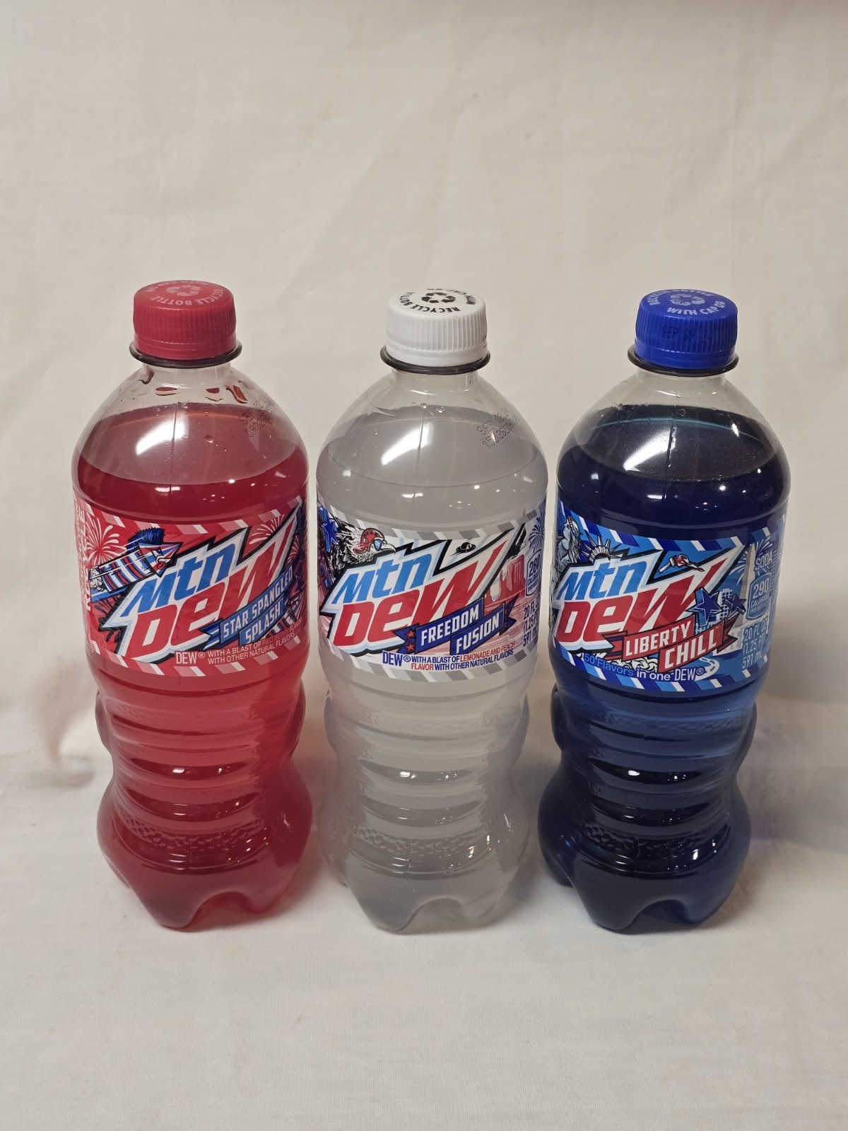 Moutain Dew Red White Blue 3 Full 20 0z Bottles Unopened