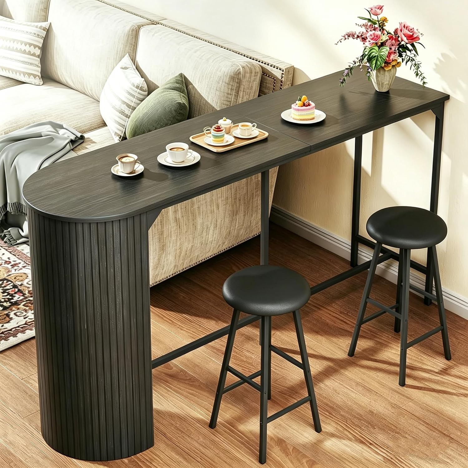 Fluted Bar Table and Chairs Set, 55'' Long Bar Tables with 2 Stools, 3 Piece