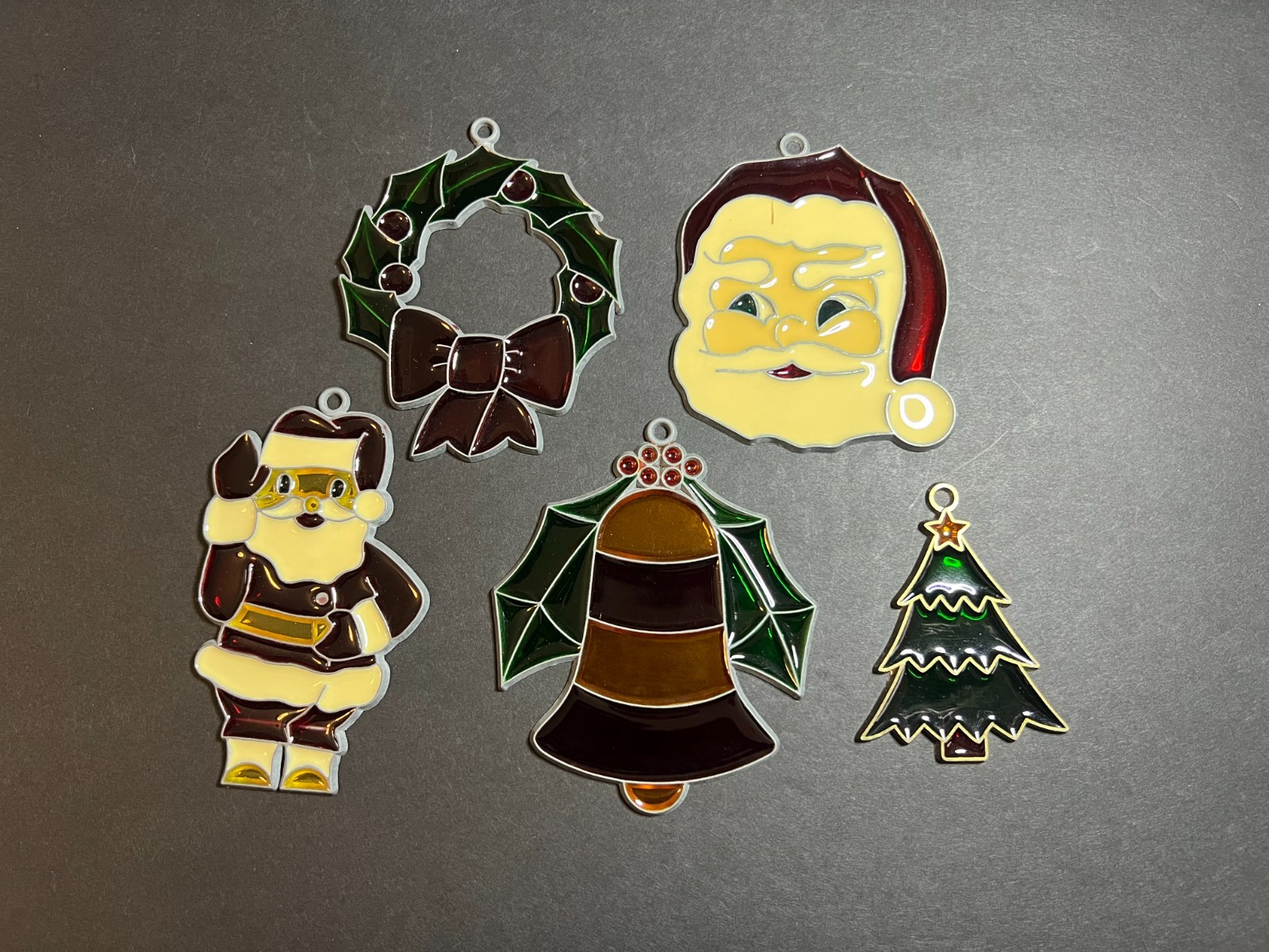 VTG Lot of 5 Plexiglass Santa Claus, Wreath, Bell & Christmas Tree Suncatchers