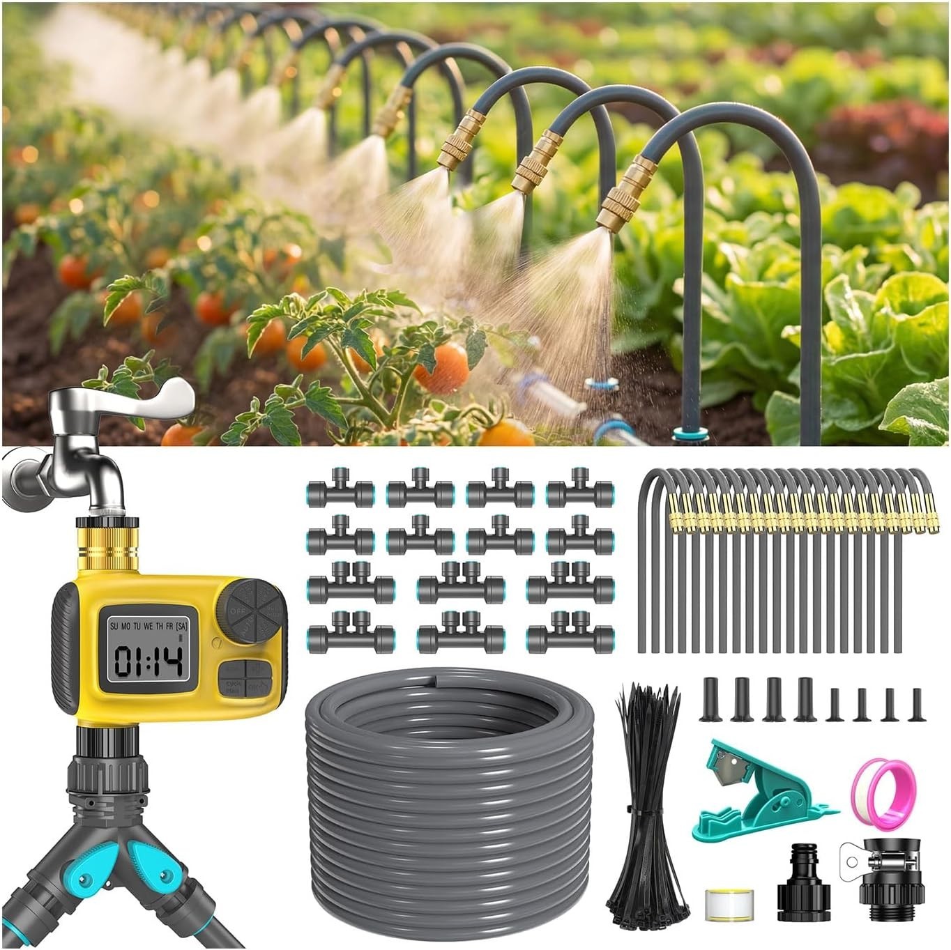 Automatic 98FT Drip Irrigation System with Copper Nozzles & Timer for Gardens
